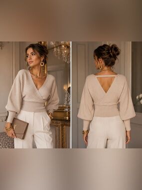 Apricot Bar Back Batwing Jumper ribbed sweater top in stone Sz XS